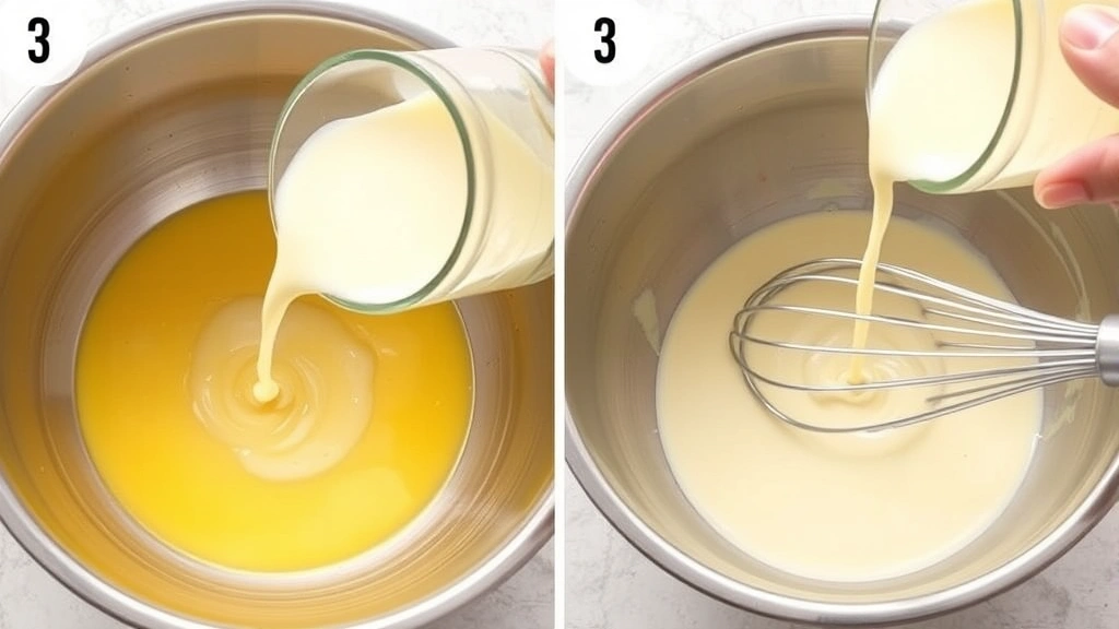 Pouring warm vanilla-infused milk into tempered egg yolks while whisking continuously in a stainless steel bowl, showing the careful tempering technique in action