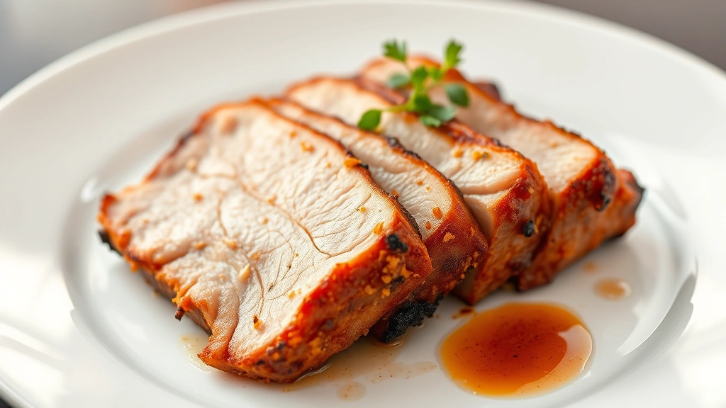 Sliced crispy pork belly on white plate showing contrast between shattered golden skin and tender pink meat interior, garnished with fresh herbs and sauce