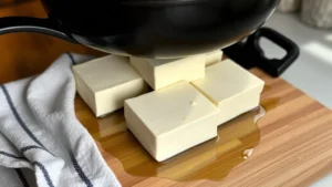 Extra-firm tofu blocks being pressed under heavy cast iron skillet on wooden cutting board with kitchen towel, clear liquid pooling underneath, natural kitchen lighting