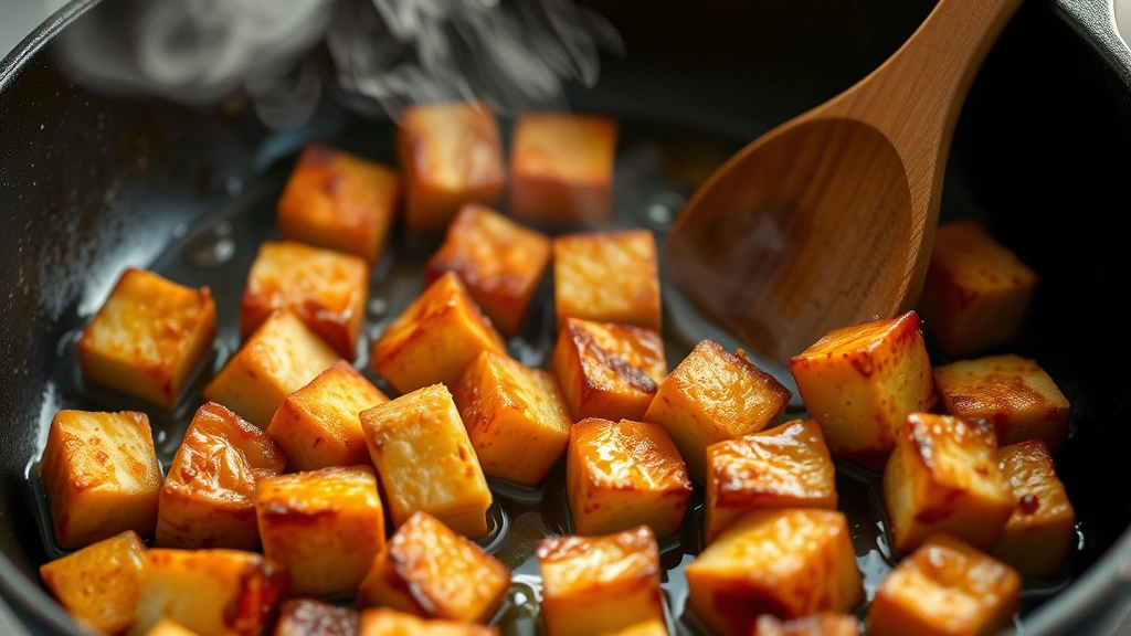Golden-brown crispy tofu cubes in cast iron skillet mid-cook showing caramelized edges, steam rising, oil glistening on surface, wooden spoon nearby