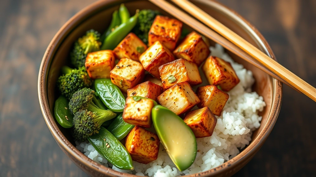 Finished crispy tofu cubes served over steamed white rice with roasted broccoli, snap peas, sliced avocado, and sesame seeds in ceramic bowl, chopsticks resting on rim