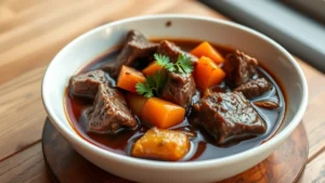 Rich, dark beef stew in white bowl with tender meat chunks, root vegetables, and glossy broth, garnished with fresh parsley, warm lighting on wooden table