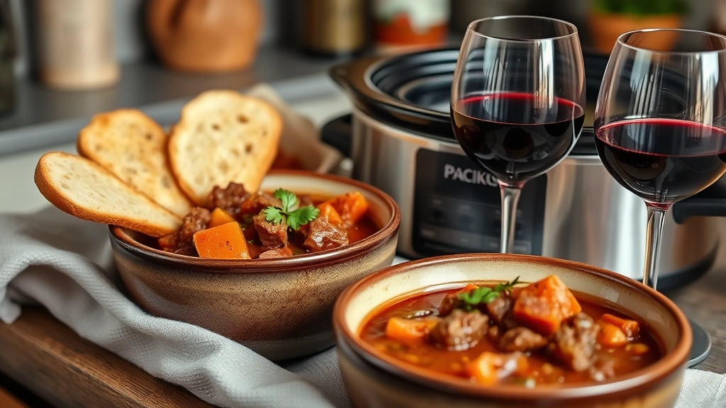 Finished crockpot beef stew served in rustic ceramic bowls with crusty bread, red wine glass, fresh herb garnish, cozy home kitchen setting with warm ambiance