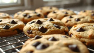 Close-up of freshly baked chocolate chip cookies cooling on a wire rack, golden brown edges with visible semi-sweet chocolate chips melting slightly, warm steam rising, soft window light illuminating the texture