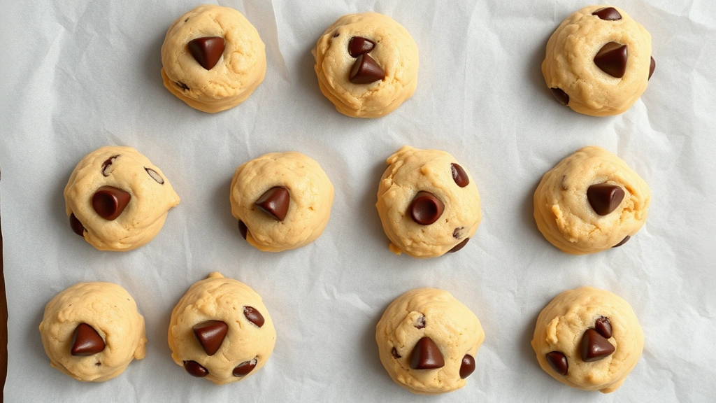 Overhead flat lay of cookie dough balls on parchment paper with chocolate chips pressed into tops, showing the contrast between raw dough and prepared portions ready for baking