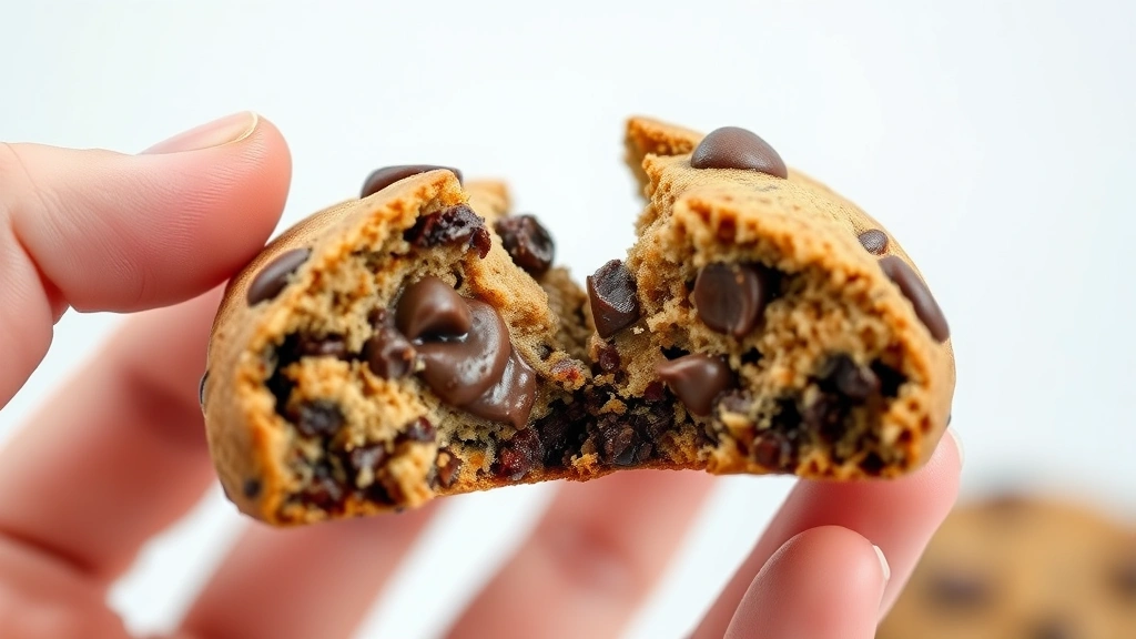 Single broken chocolate chip cookie held in hand showing the interior texture cross-section, revealing the crispy outer layer and tender chewy center with melted chocolate chips visible