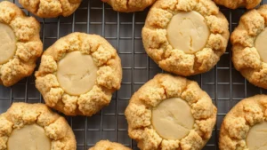 Close-up overhead shot of fresh Crumbl-style cookies cooling on a wire rack, showing golden-brown edges and soft pale centers, warm steam rising, natural daylight, photorealistic bakery photography