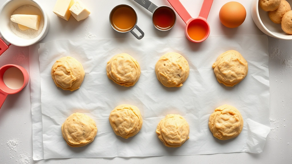 Flat lay of cookie dough portions on parchment paper with measuring scoops, softened butter, eggs, and vanilla extract arranged artfully around them, bright kitchen counter setting, professional food styling