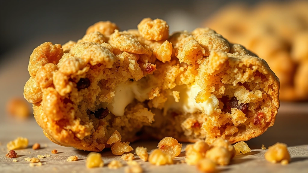 Detailed macro shot of a single Crumbl cookie broken in half showing the contrast between crispy caramelized edges and creamy chewy center, with crumbs scattered nearby, warm natural lighting highlighting texture