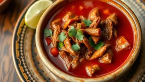 Steaming bowl of ropa vieja with shredded beef in rich tomato sauce, garnished with cilantro, served on a rustic ceramic plate with lime wedge, vibrant red sauce visible, traditional Cuban presentation