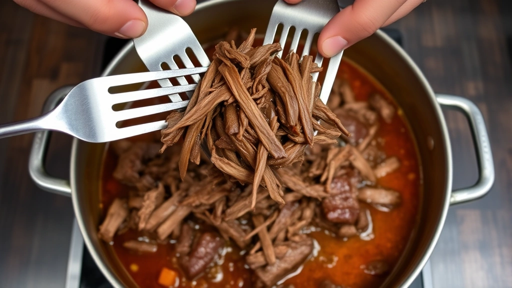 Hands shredding tender braised beef with two forks over a pot of simmering sauce, showing the texture and process of creating authentic Cuban ropa vieja