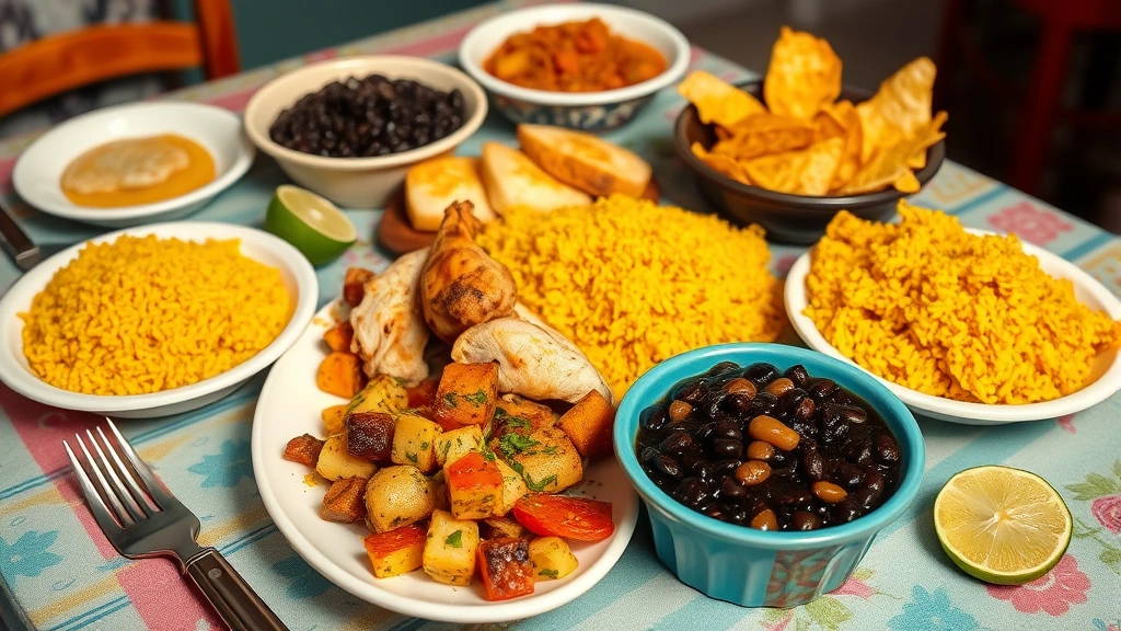 Colorful Cuban dinner table spread featuring arroz con pollo with yellow rice, black beans and rice, crispy plantain chips, and fresh lime, warm natural lighting, family-style presentation