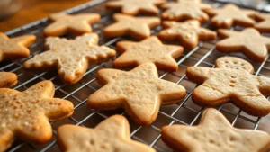 Close-up of freshly baked cut out cookies cooling on a wire rack, showing golden-brown edges and pale centers, with various holiday shapes like stars and gingerbread people visible, warm kitchen lighting