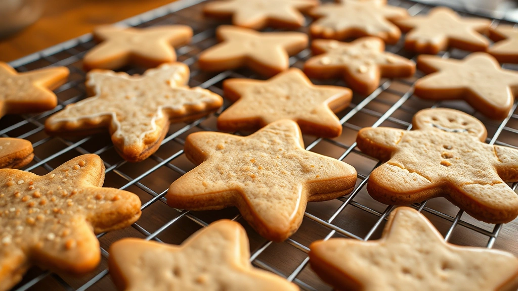 Close-up of freshly baked cut out cookies cooling on a wire rack, showing golden-brown edges and pale centers, with various holiday shapes like stars and gingerbread people visible, warm kitchen lighting
