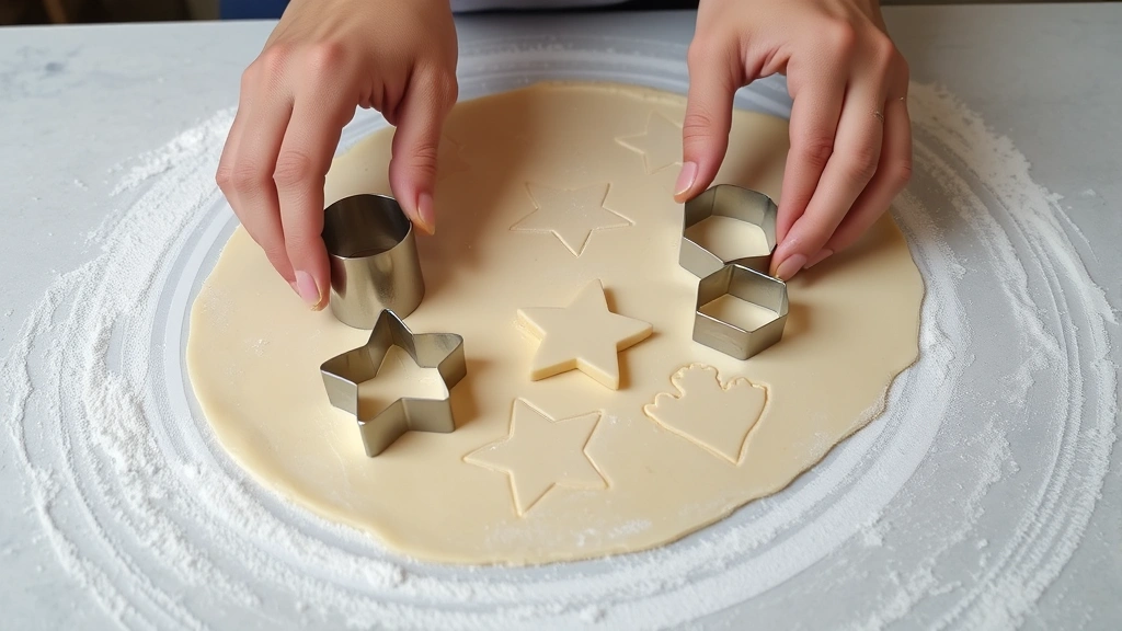 Hands using decorative cookie cutters on rolled-out pale dough at a floured work surface, showing proper cutting technique with sharp metal cutters and flour-dusted work area
