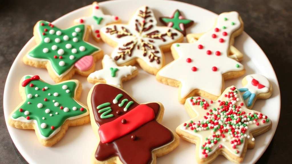 Finished decorated cut out cookies with colorful royal icing designs, piped details, and edible sprinkles arranged on a white plate, displaying various decorating techniques and holiday designs