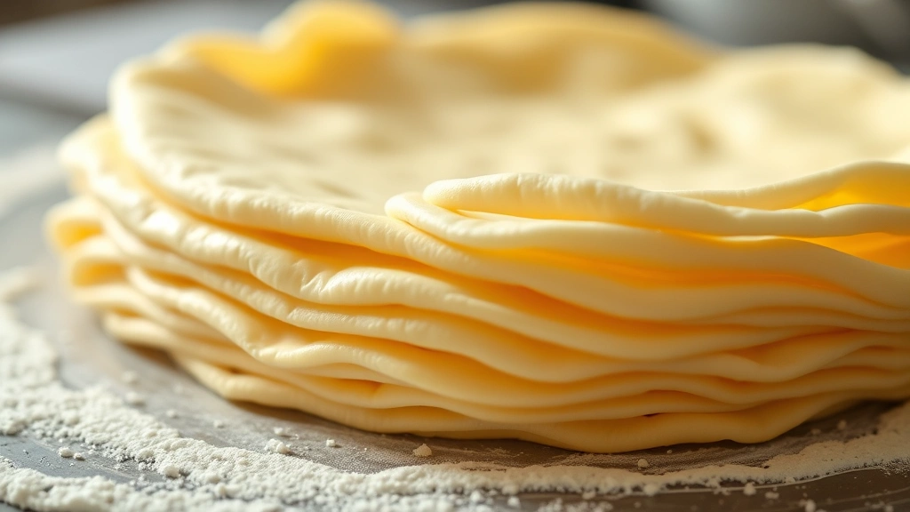 Close-up of butter being folded into laminated dough, showing distinct golden layers and steam rising, professional pastry kitchen lighting