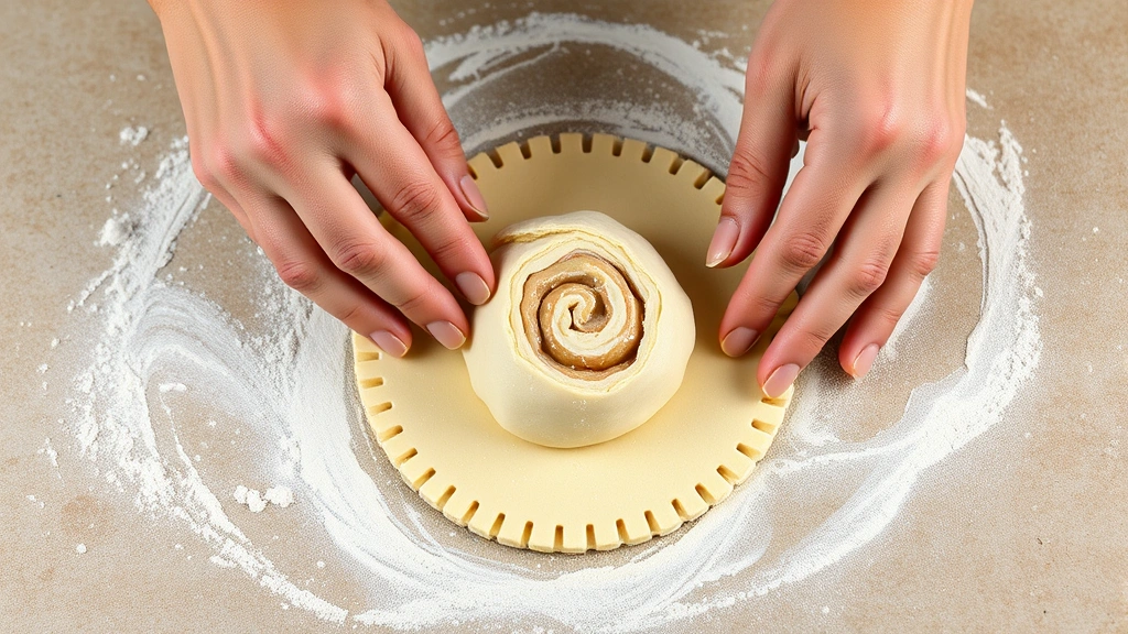 Hands shaping Danish pastry dough into pinwheel with almond paste filling visible, showing technique and precision, flour dust on work surface