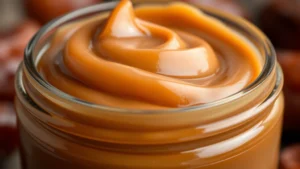 Close-up of creamy, glossy date caramel in a glass jar, rich amber-brown color with perfect smooth consistency, natural lighting showing texture and depth