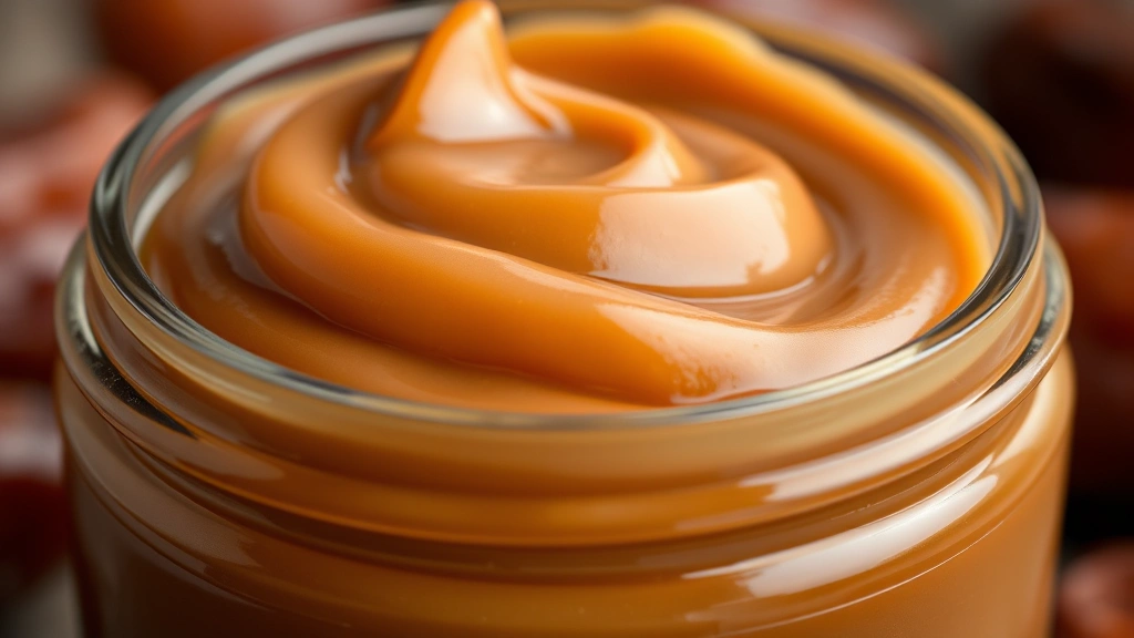 Close-up of creamy, glossy date caramel in a glass jar, rich amber-brown color with perfect smooth consistency, natural lighting showing texture and depth
