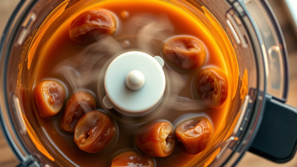 Overhead shot of Medjool dates being blended with steam rising, high-powered blender with dates mid-transformation into smooth caramel, warm kitchen lighting