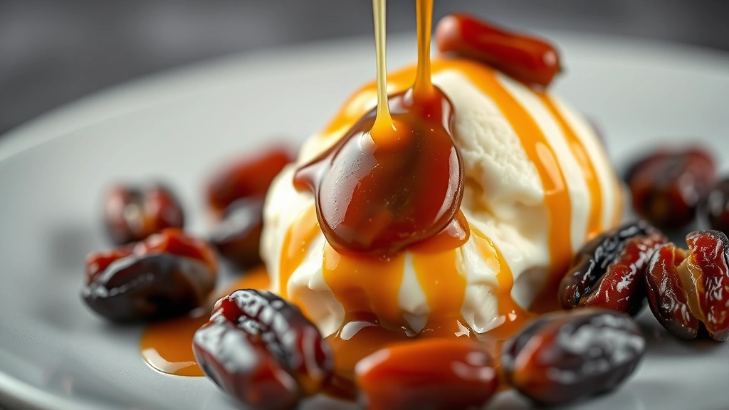 Artistic food styling showing date caramel drizzled over vanilla ice cream with fresh dates scattered nearby, shallow depth of field focusing on caramel ribbons, professional plating