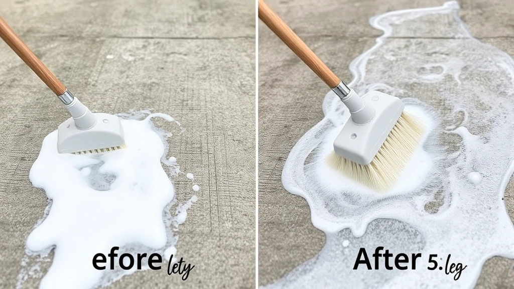 Close-up of white foam and soapy water being applied to a grimy gray concrete driveway with a long-handled brush, showing before-and-after texture