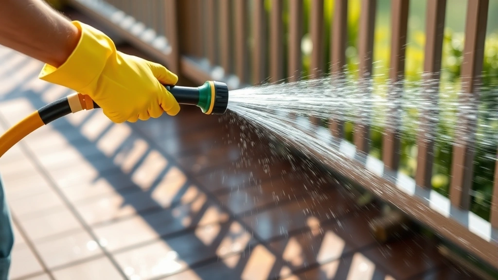 Person wearing yellow gloves rinsing a clean wooden deck with clear water from a garden hose, mist visible in afternoon sunlight