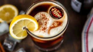 Close-up overhead view of a Dirty Dr Pepper mocktail in a highball glass with distinct layered cream on top, cinnamon dusting, dark cola base, ice cubes visible, lemon wheel garnish on rim, soft natural lighting