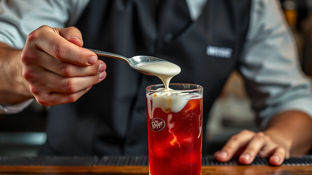 Bartender's hands pouring heavy cream over the back of a bar spoon into a Dr Pepper mocktail, showing the layering technique in action, professional bar setting background, sharp focus on the cream layer forming