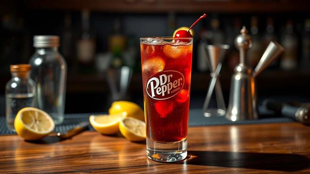 Finished Dirty Dr Pepper mocktail on a wooden bar counter with fresh lemon wedges, maraschino cherry garnish, and bar tools nearby, atmospheric bar lighting creating shadows and depth, mocktail in sharp focus