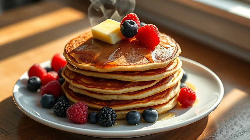 Golden-brown sourdough pancakes stacked on a white plate with melting butter and fresh berries, steam rising, shot from above with natural morning light