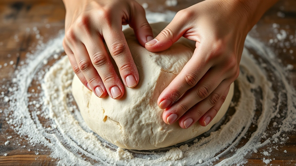 Hands kneading sourdough dough on a wooden surface dusted with flour, close-up showing texture and fermentation bubbles in the dough