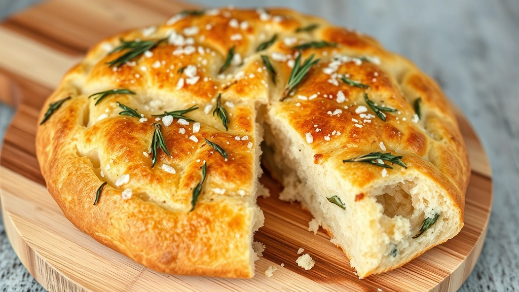 Rustic focaccia with rosemary and coarse sea salt cooling on a wooden cutting board, showing crispy golden top and airy crumb structure inside