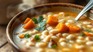 Close-up of steaming bowl of ditalini pasta soup with white beans, carrots, and fresh parsley garnish, creamy broth visible, warm lighting, rustic ceramic bowl, spoon resting inside, cozy kitchen background slightly blurred