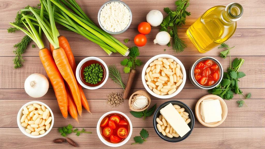 Overhead flat lay of soup ingredients arranged on wooden table: fresh carrots, celery, onions, garlic cloves, dried herbs in small bowls, canned tomatoes, ditalini pasta, white beans, Parmesan cheese, olive oil bottle, fresh herbs scattered artfully