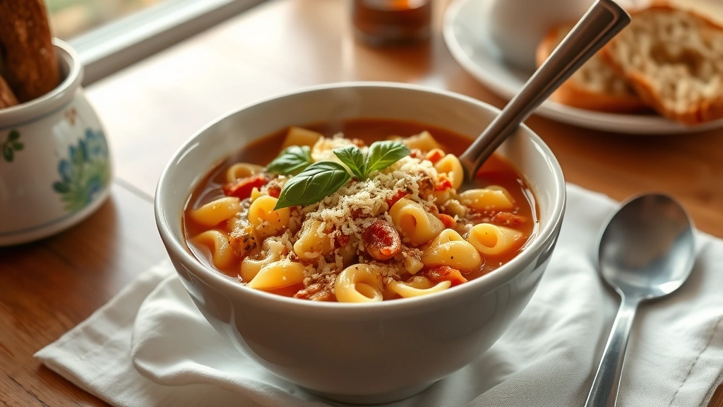 Finished ditalini pasta soup in white ceramic bowl topped with grated Parmesan cheese and fresh basil, crusty bread on side, warm steam rising, wooden spoon in bowl, white cloth napkin, cozy dining table setting with soft natural window light