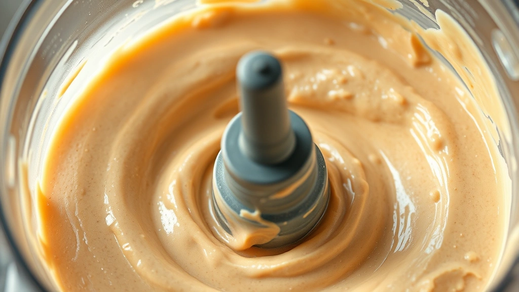 Close-up of creamy peanut butter yogurt mixture being blended in food processor, smooth texture, natural lighting, frozen treat ingredients visible