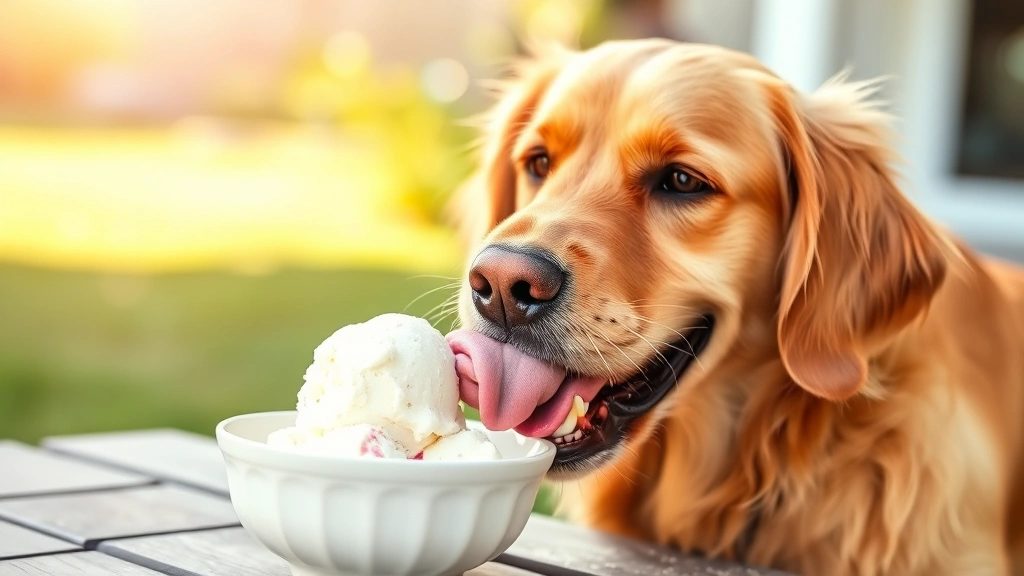 Golden retriever happily licking frozen dog ice cream treat from white ceramic bowl, warm outdoor sunlight, genuine happy dog expression, summer setting
