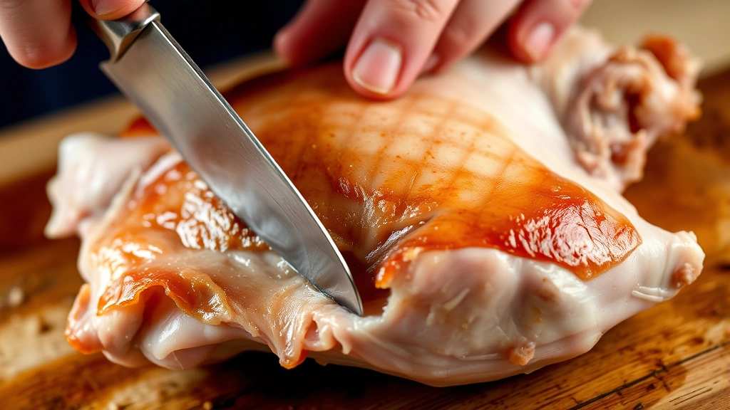 Close-up of hands scoring duck breast skin in crosshatch pattern with sharp knife, showing fat layer beneath golden-brown skin
