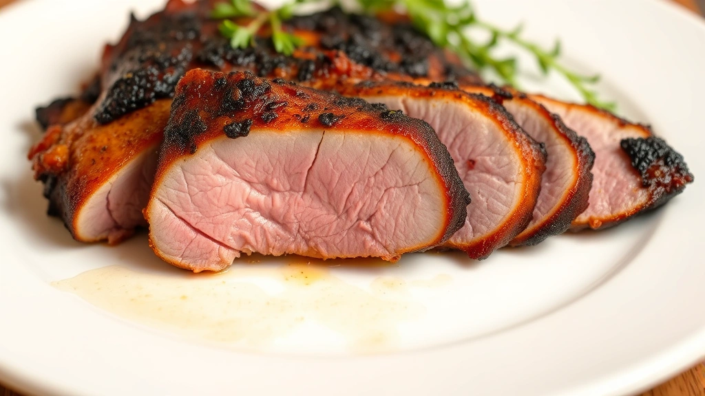 Sliced crispy duck breast on white plate showing perfect pink medium-rare interior with contrasting deep golden-brown skin, garnished with fresh herbs