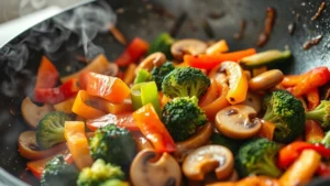 Close-up of colorful vegetables being tossed in a wok with steam rising, vibrant bell peppers, broccoli, and mushrooms mid-stir-fry with glossy sauce coating, professional wok cooking technique