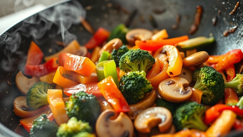 Close-up of colorful vegetables being tossed in a wok with steam rising, vibrant bell peppers, broccoli, and mushrooms mid-stir-fry with glossy sauce coating, professional wok cooking technique