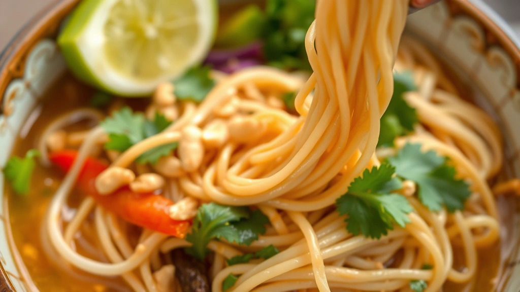 Action shot of fresh rice noodles being tossed with peanut sauce, cilantro, and crushed peanuts, bowl filled with vibrant pad thai ingredients, chopsticks lifting noodles, authentic street food presentation