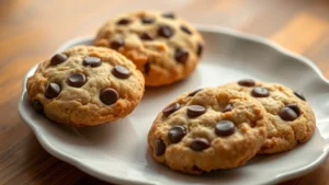 Golden-brown chocolate chip cookies cooling on a white ceramic plate, steam rising gently, shot from above with warm natural lighting showing the melted chocolate chips