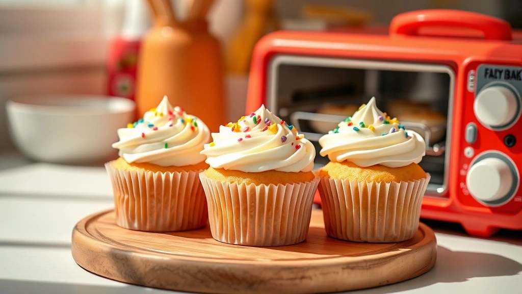 Three decorated vanilla cupcakes with colorful frosting and sprinkles arranged on a wooden board next to a small Easy-Bake Oven, cheerful daytime lighting