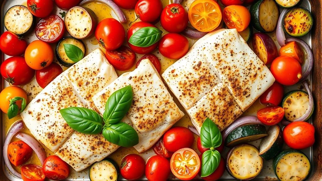 Colorful sheet pan dinner with baked cod fillets surrounded by roasted cherry tomatoes, bell peppers, zucchini, and red onions, fresh basil garnish, vibrant Mediterranean vegetables glistening with olive oil, overhead flat lay photography, natural daylight