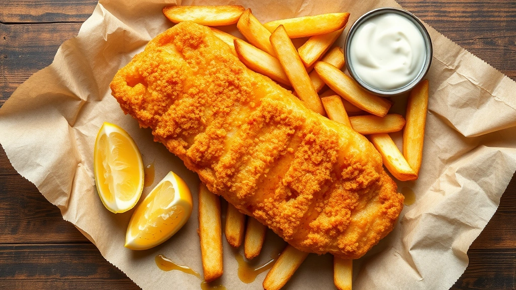 Crispy golden fish and chips on parchment paper with malt vinegar drizzle, golden-fried cod fillet with crunchy panko coating, thick-cut chips alongside, fresh lemon wedges, tartar sauce in small dish, appetizing food styling, warm professional lighting