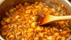 Golden caramelized onions in a large pot with deep brown color and jammy texture, steam rising, wooden spoon stirring, warm kitchen lighting