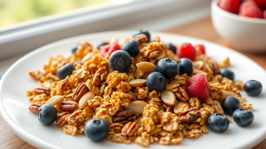 Golden-brown granola clusters with almonds and pecans spread on a white ceramic plate, garnished with fresh blueberries and raspberries, natural window lighting